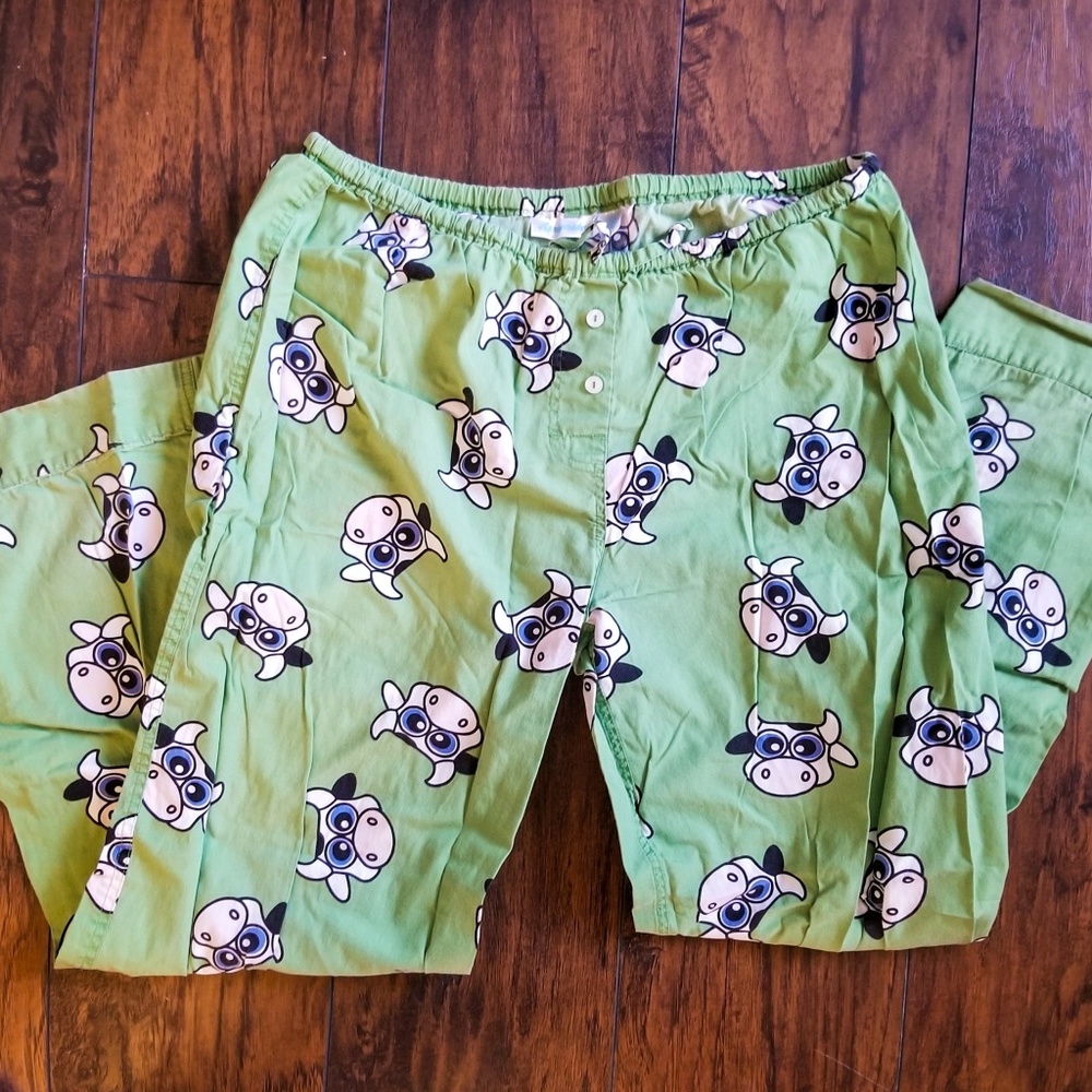 Women's Cow Pajama Pants Green Size Large Cotton